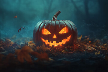Naklejka premium A jack-o'-lantern with glowing eyes and an evil grin sits on fallen leaves in a misty forest, embodying Halloween and the spooky season 