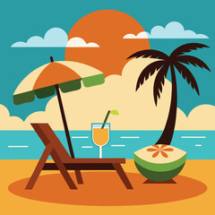 Sunset in sea beach tropical place scene color vector illustration