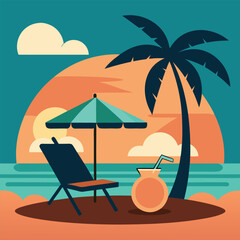 Sunset in sea beach tropical place scene color vector illustration