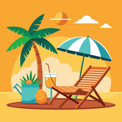 Sunset in sea beach tropical place scene color vector illustration