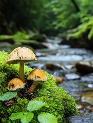 Fototapeta premium Three vibrant mushrooms grow on lush moss by a serene stream, surrounded by rich greenery in a tranquil forest setting.