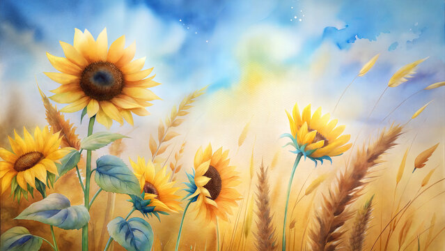 Watercolor sunflower and wheat background, bright and cheerful harvest season