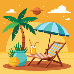 Sunset in sea beach tropical place scene color vector illustration
