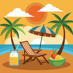 Sunset in sea beach tropical place scene color vector illustration
