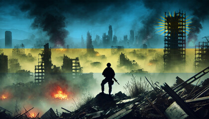 Fototapeta premium A lone soldier surveys a city in ruins, with the Rwanda flag faintly overlaying the scene, representing the courage and determination of forces in times of war.
