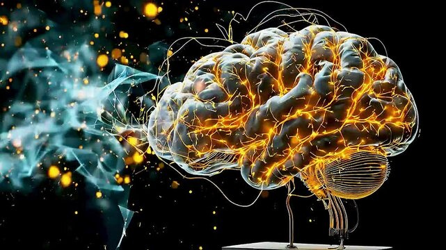 a brain  and  a blue and yellow swirl  of  energy