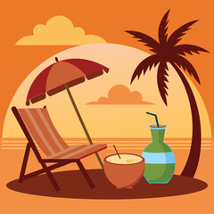 Sunset in sea beach tropical place scene color vector illustration
