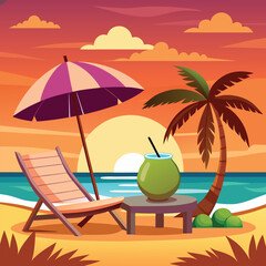 Sunset in sea beach tropical place scene color vector illustration