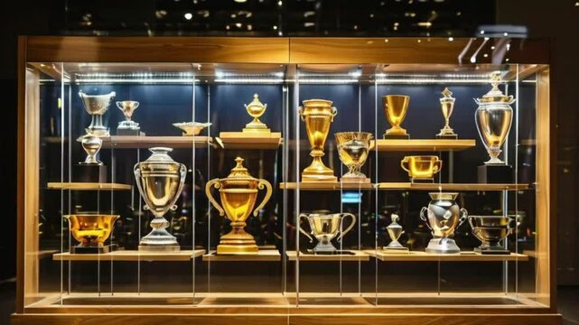 Trophy Case Display of Gold and Silver Awards