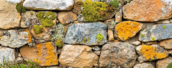 Textured stone wall adorned with vibrant moss and lichen, creating a natural decorative element for outdoor settings.