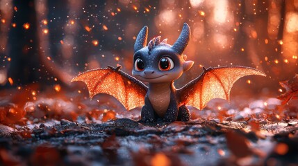 Cute dragon in a Santa hat, on a winter background creates an atmosphere of joy and festivity