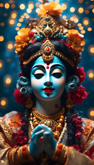 A beautifully crafted idol of Lord Krishna adorned with vibrant jewelry and flowers, set against a backdrop of softly glowing candles and decorative elements, creating a serene and festive atmosphere.