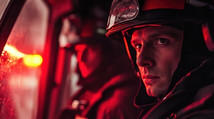 Firefighter in uniform inside vehicle, illuminated by red emergency lights, serious expression
