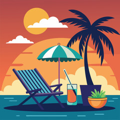Sunset in sea beach tropical place scene color vector illustration