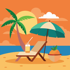 Sunset in sea beach tropical place scene color vector illustration
