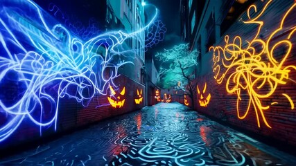 Digital street art mural comes to life, featuring eerie Halloween elements like glowing pumpkins, ghostly figures - Powered by Adobe