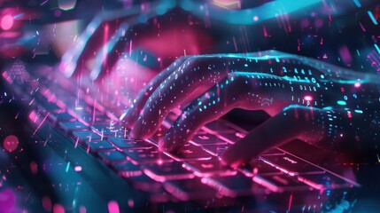 Fototapeta premium cybernetic fingers typing on holographic keyboard neon data streams sleek office setting aienhanced productivity visualization