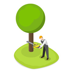 3D Isometric Flat Vector Set of Professional Gardener, Gardens and Parks Maintenance Service, Tree Pruning. Item 4