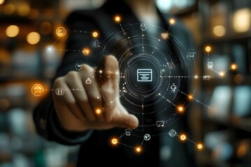 Futuristic E-Commerce Technology Concept with Hand Touching Global Network Structure