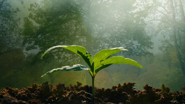 Timelapse of a tree slowly growing from a small sapling to a full-grown tree in a serene forest. 
