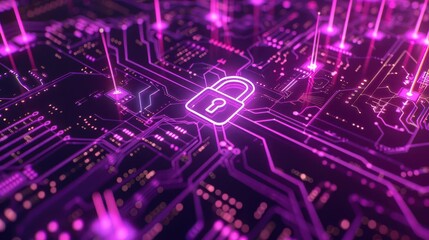 Obraz premium cybersecurity visualization glowing purple circuit board forms backdrop for prominent padlock icon neon lines pulse with data conveying digital protection in futuristic aesthetic