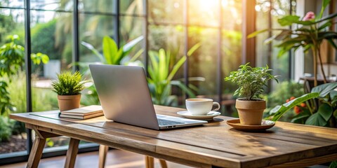 Laptop on Wooden Desk with Plants and Cup of Coffee, Sunlight Through Window, Laptop, Coffee, Plant, Window