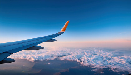 Fototapeta premium wing of airplane flying in cloudless evening sunset sky.