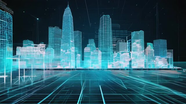 Holographic cityscape from blue neon mesh, representing cyberpunk aesthetic and virtual reality environment