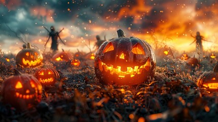 Naklejka premium Halloween Jack-o'-Lantern Field with Glowing Eyes and Scary Figures