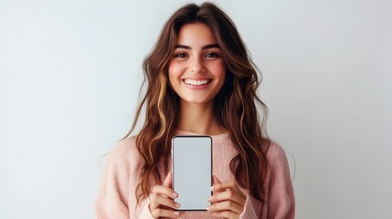 Cheerful Woman Holding Mobile Phone with Blank Screen on White Background