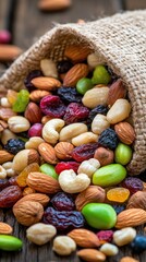 Brightly colored dried fruits, nuts, and spices are carefully arranged in wooden bowls on a rustic table, with a burlap sack adding a touch of natural texture in the background