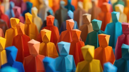 Obraz premium diverse crowd of origamistyle paper people vibrant colors intricate folds varied sizes and shapes represent demographics unity in diversity concept