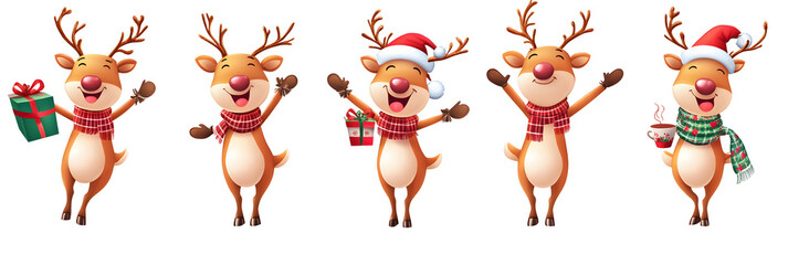 Fototapeta premium Christmas reindeer characters vector set design. Reindeer christmas cute character in jumping, standing, holding gift box, coffee and wearing hat and scarf collection isolated in white background.