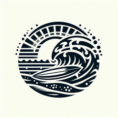 A surf board against the sun in large wave surfing black icon square