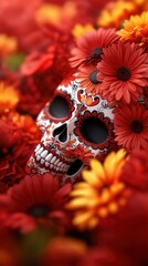 Naklejka premium A decorative skull surrounded by vibrant red flowers, symbolizing the celebration of life and death in cultural traditions.