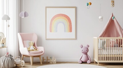 Cozy nursery featuring a pastel rainbow artwork, soft furnishings, and a play tent in a serene interior design setting