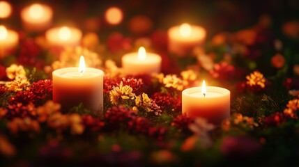 A serene arrangement of glowing candles amidst colorful flowers, creating a warm and inviting atmosphere for relaxation.