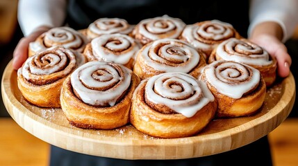 Fototapeta premium A woman holds a tray of warm cinnamon rolls fresh from the oven, surrounded by a serene winter backdrop visible through a nearby window