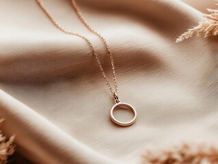 Simple rose gold necklace with a minimalist circle pendant, top view, neutral background, soft lighting