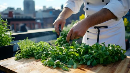 A chef chopping fresh herbs on a cutting board, with a rooftop garden in the background