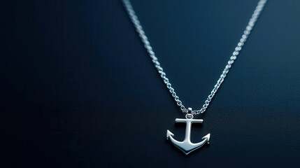 A minimalist necklace with a tiny anchor pendant, sharp focus, high contrast, isolated on black