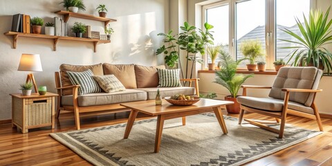 Mid-Century Modern Living Room with Wooden Furniture and Plants, wood , furniture , modern , interior , design