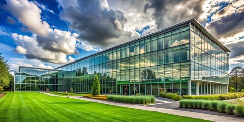 Obraz premium Modern Architecture Reflecting Cloudy Sky, Glass facade, Modern Building, Landscape, Reflection