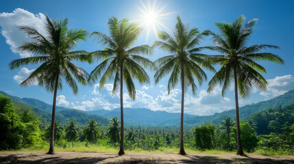 Four Coconut palm trees in a tropical landscape under a bright sun