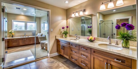 Modern Bathroom with Dual Sinks, Mirrored Closet, and Floral Touches, bathroom design , interior design, home decor , luxury bathroom