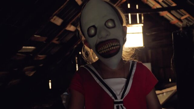 A girl in a scary mask and a red dress walks like a zombie through a dimly lit attic with wooden beams. The attic is full of junk. Monster child