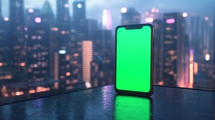 A smartphone with a green screen in front of a city skyline at dusk