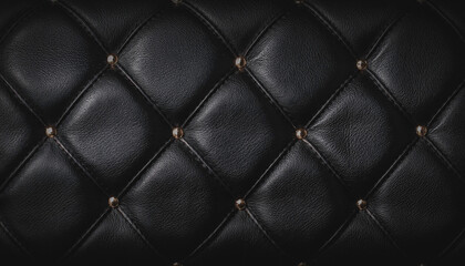 Fototapeta premium A close-up of a textured black genuine leather surface with a diamond stitch pattern and small golden studs, an elegant dark, luxury, sexy background