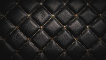 Fototapeta premium A close-up of a textured black genuine leather surface with a diamond stitch pattern and small golden studs, an elegant dark, luxury, sexy background