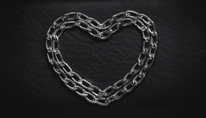 Heart shape chains on textured black leather background creating a provocative and moody BDSM aesthetic for erotic themes and dark sexy kink designs, rock n roll, biker chic, luxury fashion aesthetic